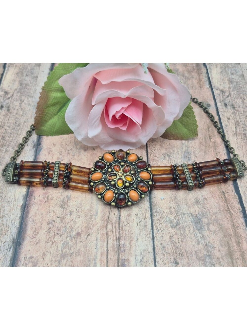 Southwestern Amber Color & Bronze Choker Necklace 18" Fall Hippie Witchy